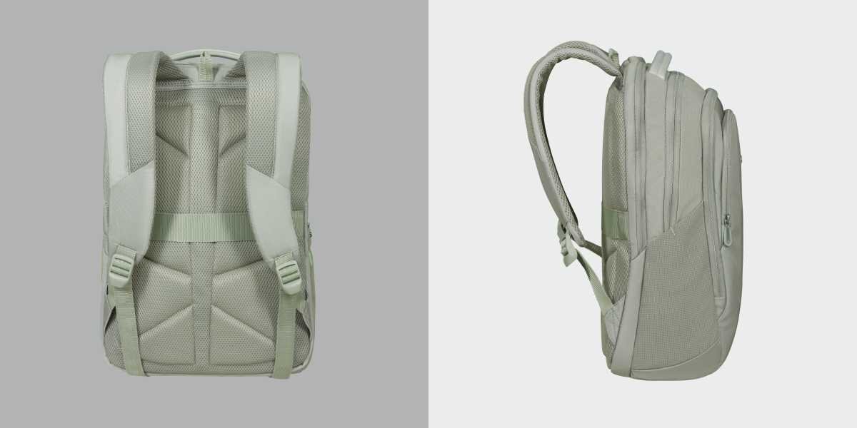 Plecak na laptopa SAMSONITE Guardit Classy 2.0 15.6 cali Szałwiowy Tył plecaka z ergonomicznym systemem nośnym z siatki mesh oraz profil boczny z widocznymi warstwami komór.