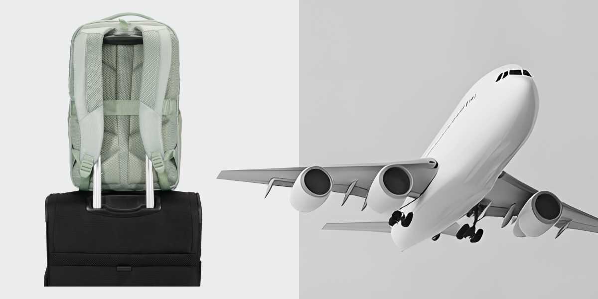 Plecak na laptopa SAMSONITE Guardit Classy 2.0 15.6 cali Szałwiowy Plecak zamocowany na uchwycie czarnej walizki podróżnej za pomocą pasa Smart Sleeve obok grafiki samolotu.