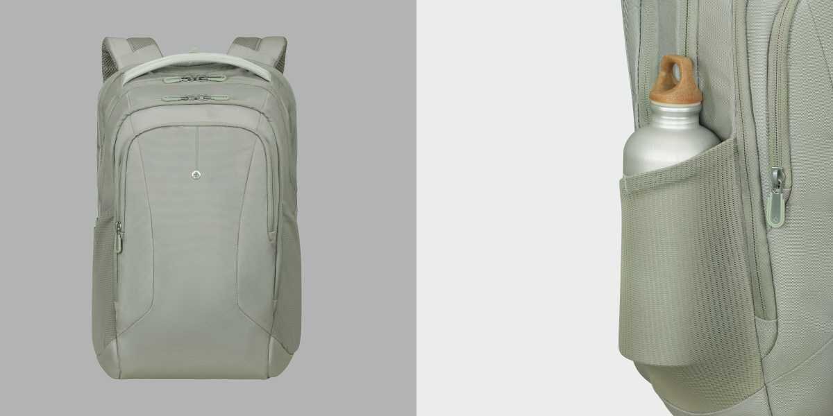 Plecak na laptopa SAMSONITE Guardit Classy 2.0 15.6 cali Szałwiowy Plecak miejski widok z przodu oraz zbliżenie na elastyczną boczną kieszeń z umieszczoną wewnątrz białą butelką na wodę.