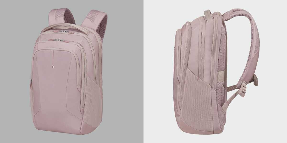 Plecak na laptopa SAMSONITE Guardit Classy 2.0 15.6 cali Stone Grey Szaro-różowy Plecak biznesowy na laptopa widziany z przodu oraz z boku prezentujący profil i regulowane szelki.