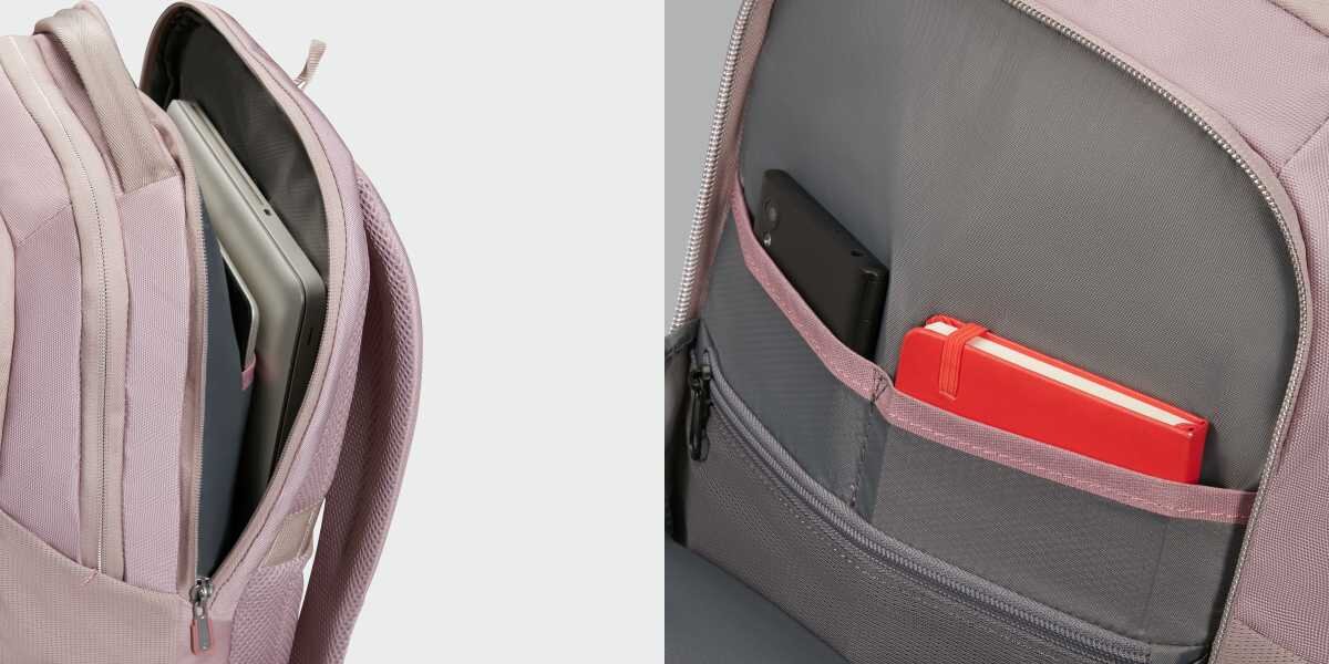 Plecak na laptopa SAMSONITE Guardit Classy 2.0 15.6 cali Stone Grey Szaro-różowy Wnętrze plecaka z otwartą przegrodą na laptopa oraz kieszenią organizera z telefonem i czerwonym notesem.