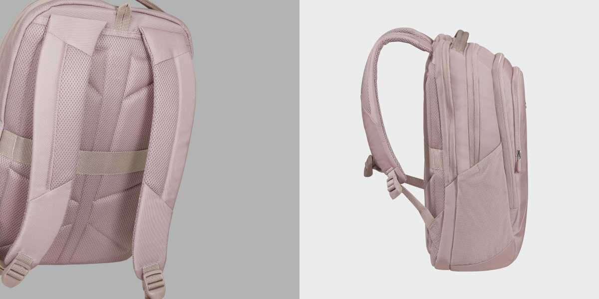 Plecak na laptopa SAMSONITE Guardit Classy 2.0 15.6 cali Stone Grey Szaro-różowy Tył plecaka z ergonomicznym systemem nośnym z siatki mesh oraz profil boczny z widocznymi warstwami komór.