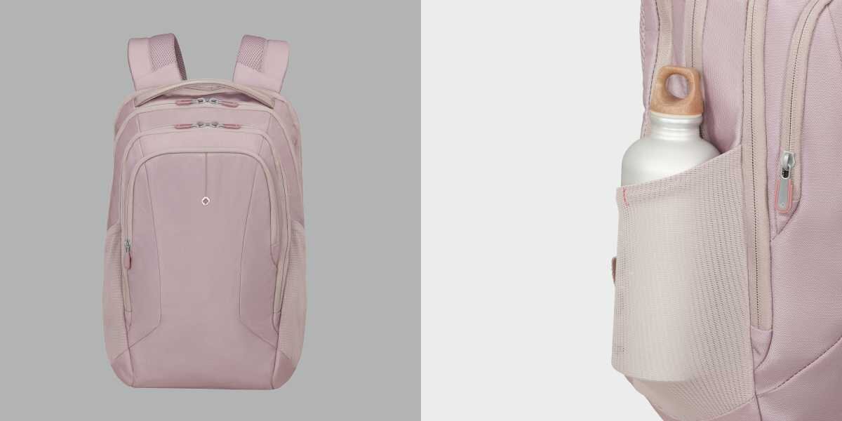 Plecak na laptopa SAMSONITE Guardit Classy 2.0 15.6 cali Stone Grey Szaro-różowy Plecak miejski widok z przodu oraz zbliżenie na elastyczną boczną kieszeń z umieszczoną wewnątrz białą butelką na wodę.