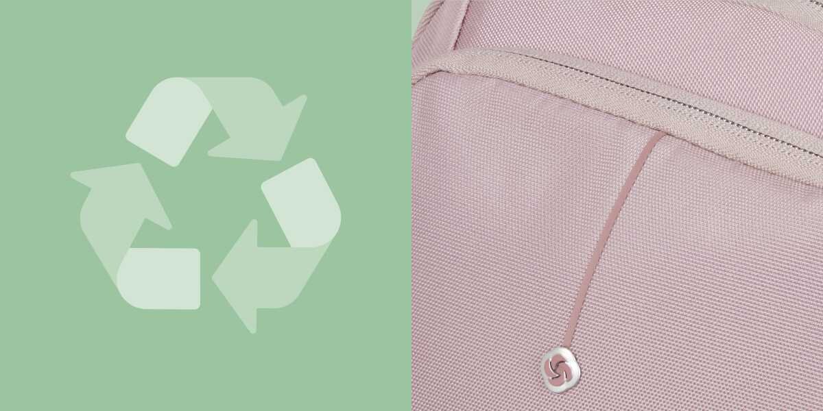 Plecak na laptopa SAMSONITE Guardit Classy 2.0 15.6 cali Stone Grey Szaro-różowy Widok z góry na otwartą komorę główną plecaka obok symbolu recyklingu sugerującego ekologiczne materiały.