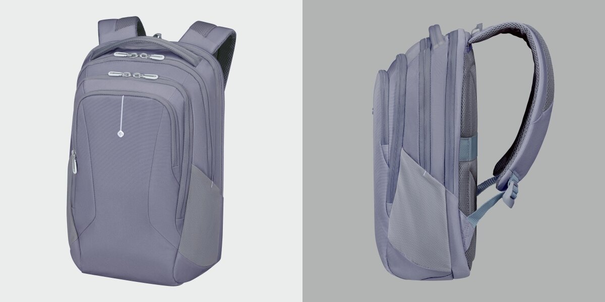 Plecak na laptopa SAMSONITE Guardit Classy 2.0 14.1 cali Niebieski Zestawienie widoku z przodu oraz z boku  plecaka biznesowego, prezentujące jego smukłą bryłę i wyprofilowane pasy naramienne.jpg