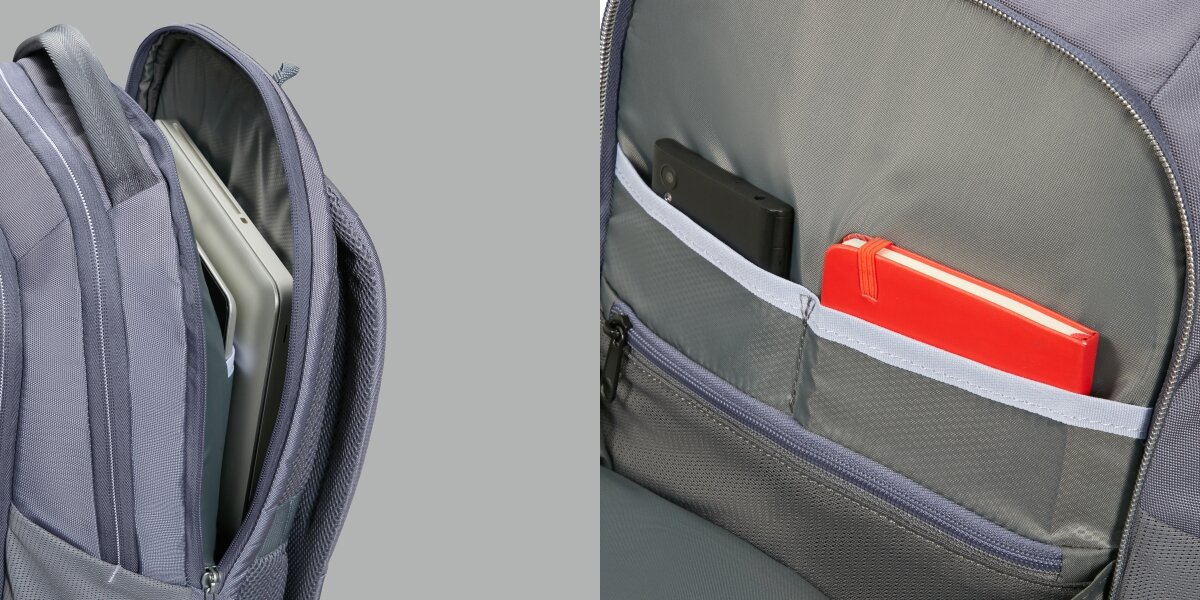 Plecak na laptopa SAMSONITE Guardit Classy 2.0 14.1 cali Niebieski Wnętrze plecaka z widoczną przegrodą na laptopa oraz przedni organizer z kieszonkami na telefon i czerwony notatnik.