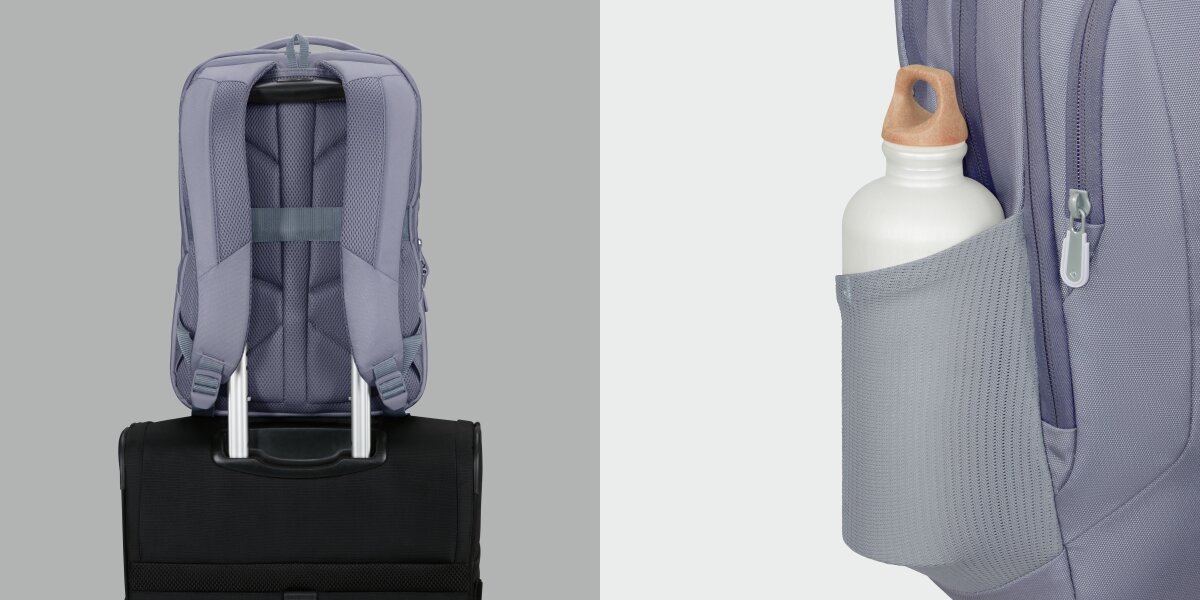 Plecak na laptopa SAMSONITE Guardit Classy 2.0 14.1 cali Niebieski Plecak na laptopa nałożony na rączkę czarnej walizki oraz zbliżenie na boczną kieszeń z siatki z butelką na wodę.