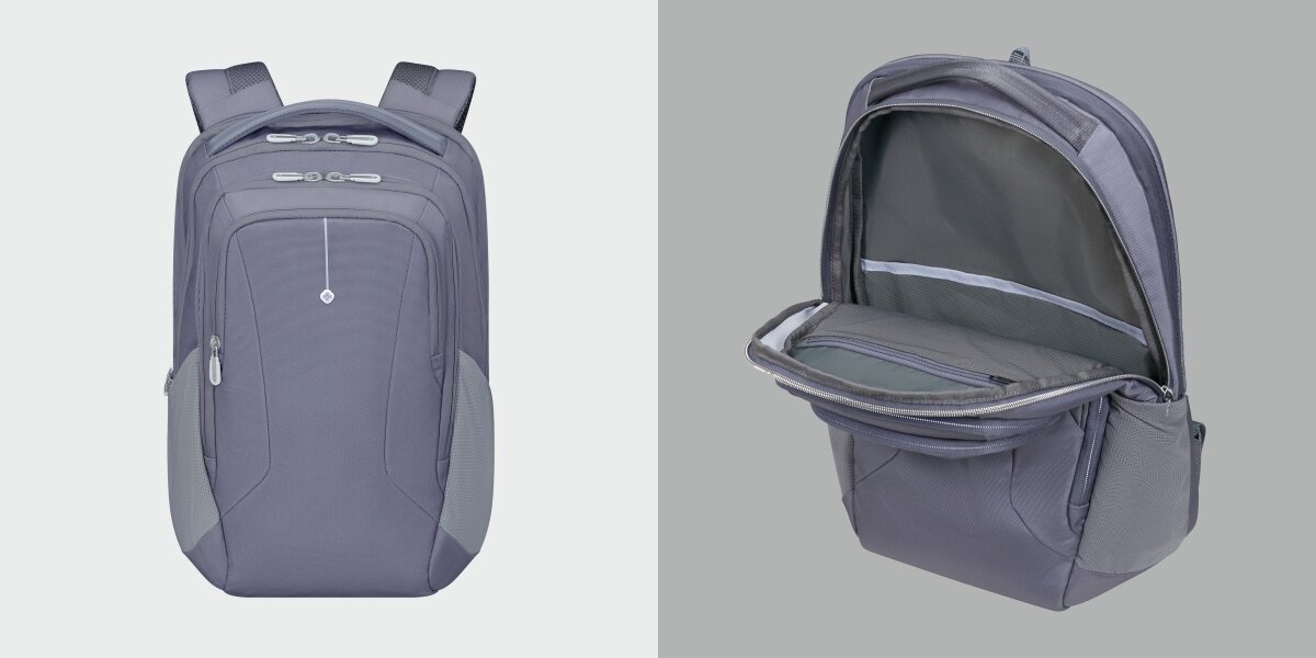 Plecak na laptopa SAMSONITE Guardit Classy 2.0 14.1 cali Niebieski Widok z przodu zamkniętego plecaka oraz prezentacja otwartej komory głównej z dodatkową kieszenią na dokumenty.