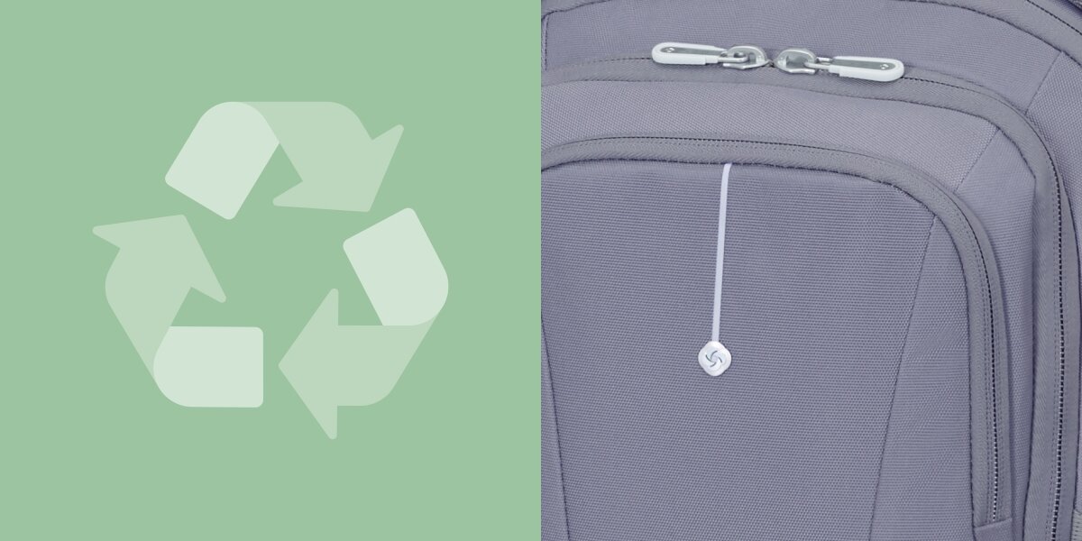 Plecak na laptopa SAMSONITE Guardit Classy 2.0 14.1 cali Niebieski Zbliżenie na detale wykończenia i zamki plecaka obok grafiki symbolu recyklingu, oznaczającego ekologiczne materiały.
