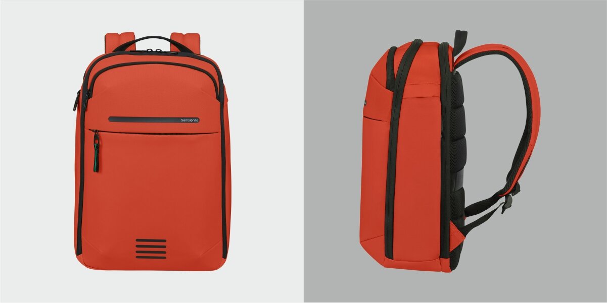 Plecak na laptopa SAMSONITE Moderny 15.6 cali - Przeznaczenie i styl, Uniwersalny, plecak od frontu oraz z boku na szarym tle