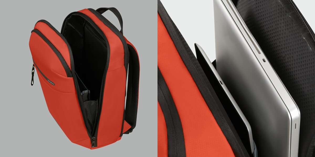 Plecak na laptopa SAMSONITE Moderny 15.6 cali - Organizacja wnętrza, dwie komory, komora na laptop, plecak po skosie na szarym tle, laptop włożony do plecaka