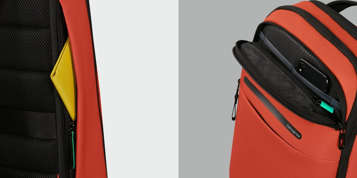 Plecak na laptopa SAMSONITE Moderny 15.6 cali - Kieszenie zewnętrzne, plecak po skosie na szarym tle