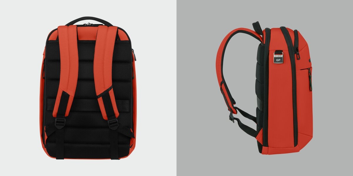 Plecak na laptopa SAMSONITE Moderny 15.6 cali - Komfort noszenia, Regulowane szelki, oddychająca pianka, plecak z boku na szarym tle