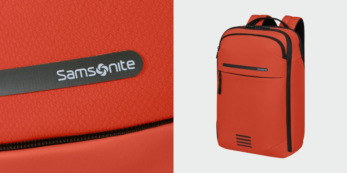 Plecak na laptopa SAMSONITE Moderny 15.6 cali - Materiał i wykonanie, tkanina Recyclex, wodoodporność, plecak po skosie na jasnym tle