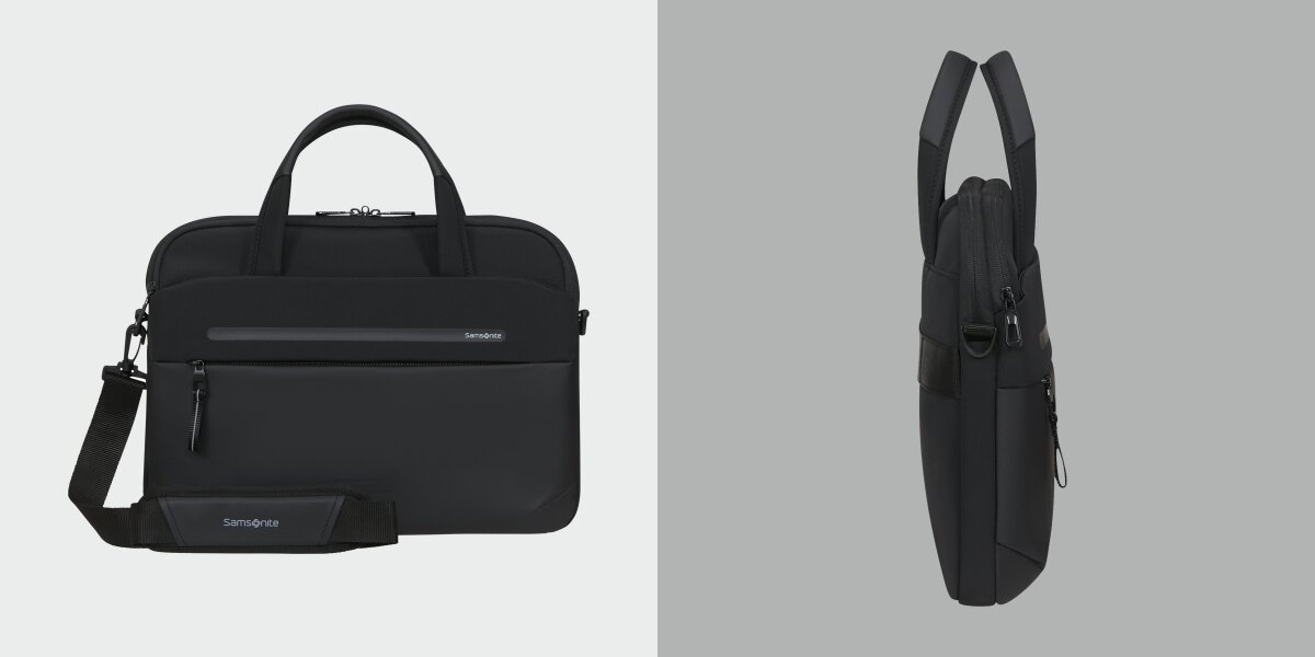 Torba na laptopa SAMSONITE Moderny Slim 15.6 cali - Przemyślana konstrukcja, waga , wymiary, pojemność, torba od frontu na białym tle