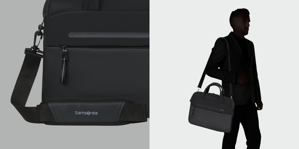 Torba na laptopa SAMSONITE Moderny Slim 15.6 cali - Komfort noszenia, odpinany pasek na ramię, Górny uchwyt, osoba mająca przewieszoną torbę na ramieniu