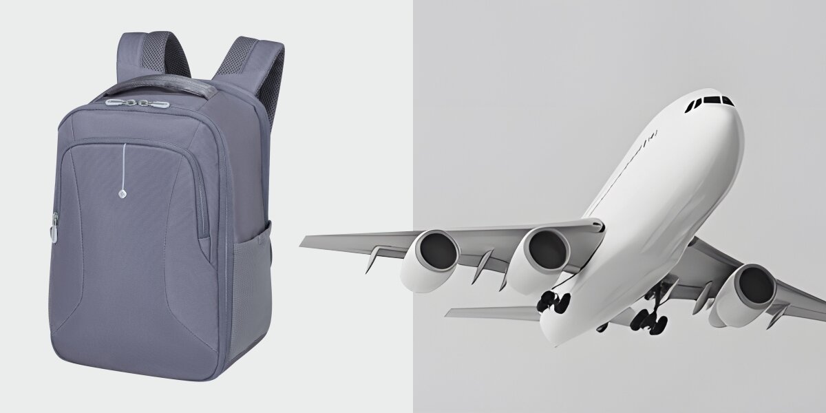 Plecak kabinowy SAMSONITE Guardit Classy 2.0 XS Niebieski (Ryanair) Niebieski plecak na laptopa obok grafiki lecącego samolotu pasażerskiego, sugerujący przeznaczenie bagażu do samolotu.