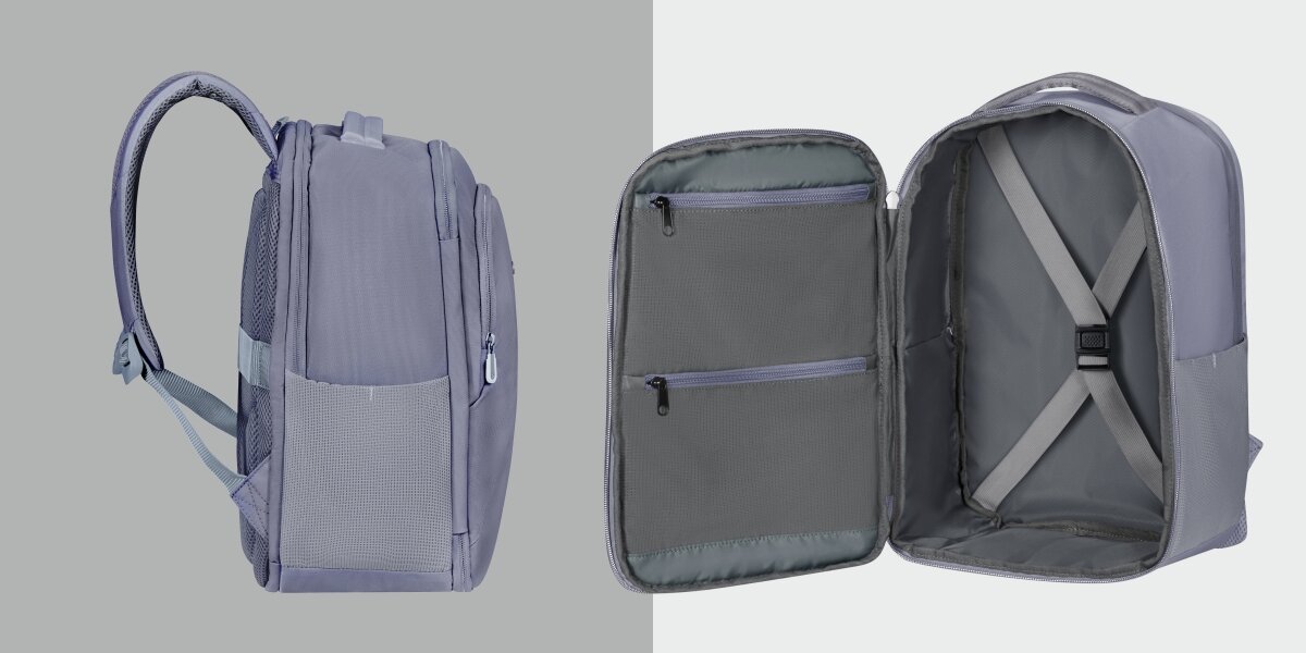 Plecak kabinowy SAMSONITE Guardit Classy 2.0 XS Niebieski (Ryanair) Porównanie bocznego profilu czarnego plecaka oraz jego otwartej komory głównej z pasami mocującymi bagaż i kieszeniami z siatki.