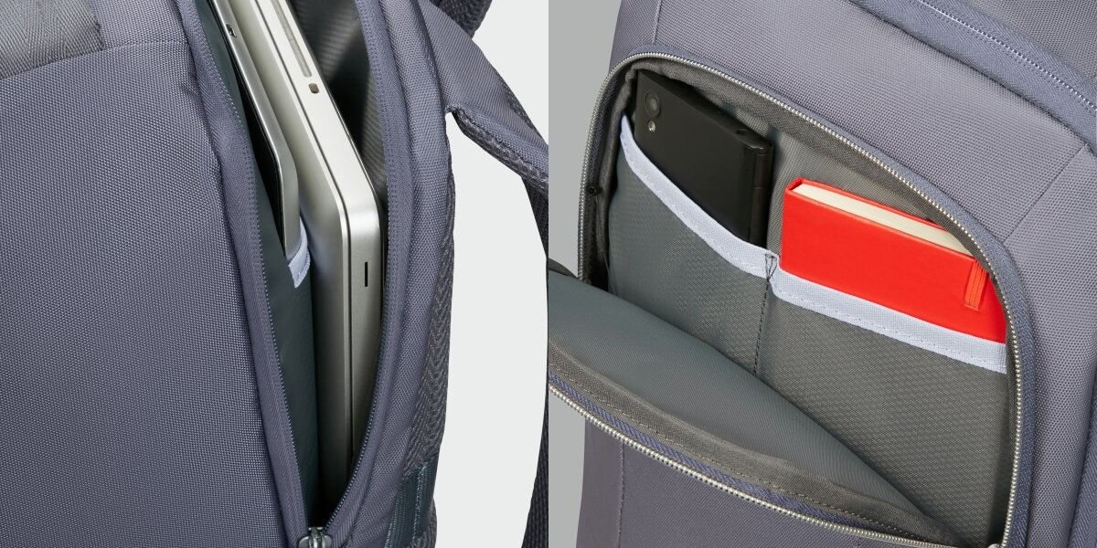 Plecak kabinowy SAMSONITE Guardit Classy 2.0 XS Niebieski (Ryanair)Zbliżenie na funkcjonalne wnętrze plecaka: dedykowana przegroda na laptopa oraz przedni organizer z miejscem na telefon i notatnik.