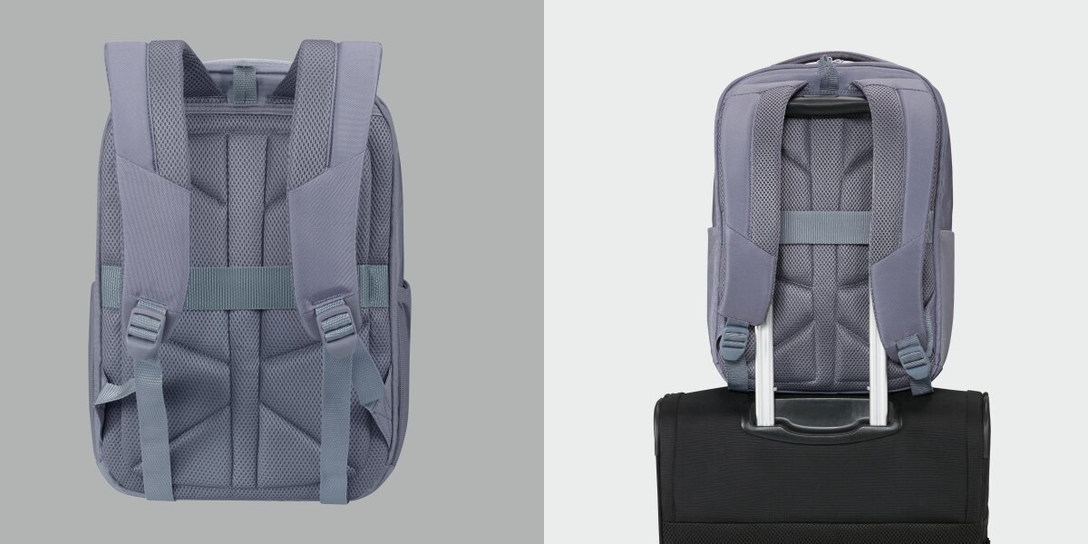 Plecak kabinowy SAMSONITE Guardit Classy 2.0 XS Niebieski (Ryanair) Tył czarnego plecaka z widocznym systemem nośnym oraz uchwytem typu Smart Sleeve do stabilnego nałożenia na rączkę walizki.