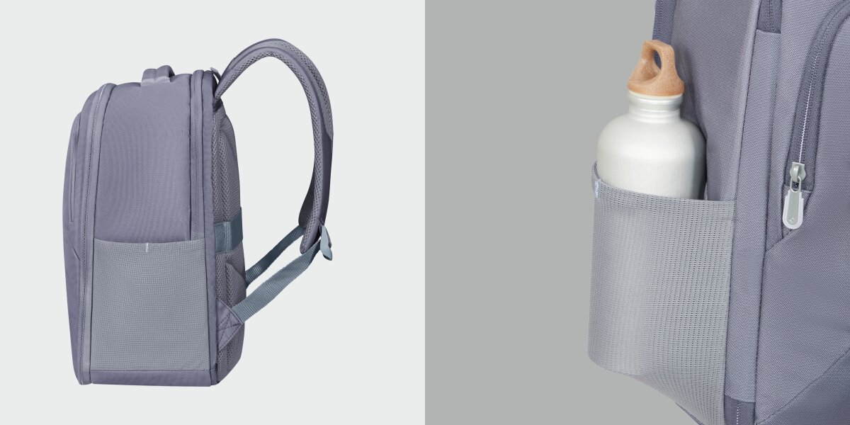 Plecak kabinowy SAMSONITE Guardit Classy 2.0 XS Niebieski (Ryanair) Profil plecaka prezentujący boczną elastyczną kieszeń z umieszczoną wewnątrz białą butelką na wodę.