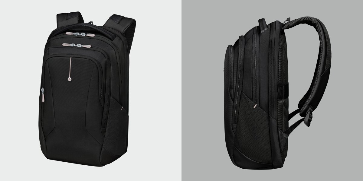 Plecak na laptopa SAMSONITE Guardit Classy 2.0 14.1 cali Czarny Zestawienie widoku z przodu oraz z boku  plecaka biznesowego, prezentujące jego smukłą bryłę i wyprofilowane pasy naramienne.jpg