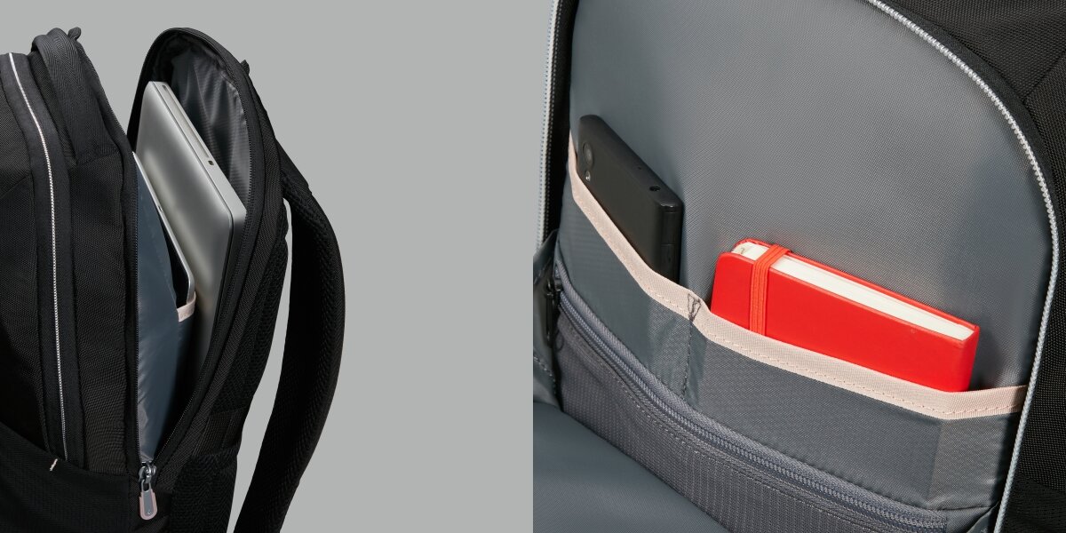 Plecak na laptopa SAMSONITE Guardit Classy 2.0 14.1 cali Czarny Wnętrze plecaka z widoczną przegrodą na laptopa oraz przedni organizer z kieszonkami na telefon i czerwony notatnik.