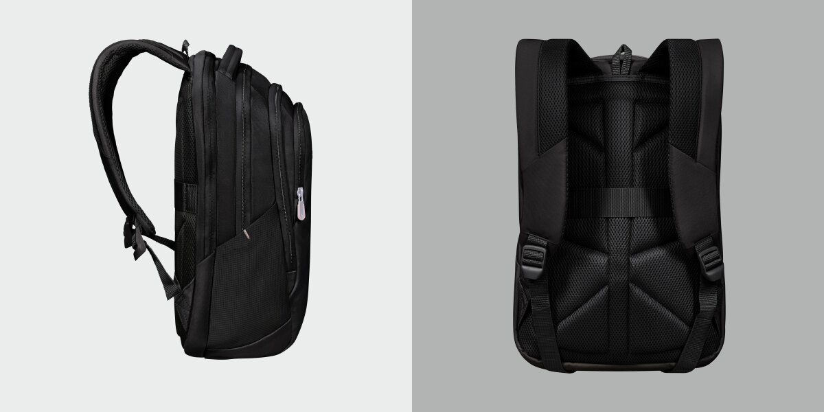 Plecak na laptopa SAMSONITE Guardit Classy 2.0 14.1 cali Czarny Profil plecaka oraz widok na tył z ergonomicznym systemem nośnym z siatki i pasem mocującym Smart Sleeve.