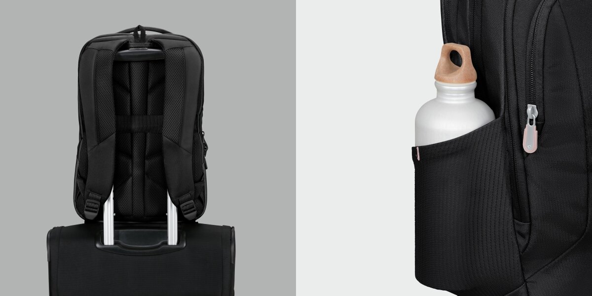 Plecak na laptopa SAMSONITE Guardit Classy 2.0 14.1 cali Czarny Plecak na laptopa nałożony na rączkę czarnej walizki oraz zbliżenie na boczną kieszeń z siatki z butelką na wodę.