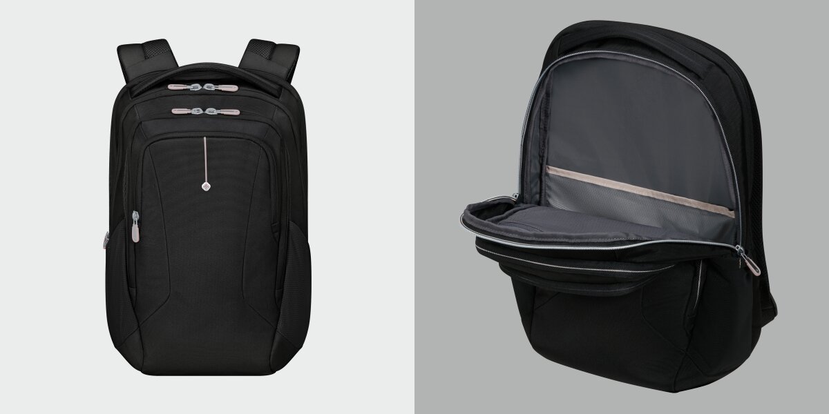 Plecak na laptopa SAMSONITE Guardit Classy 2.0 14.1 cali Czarny Widok z przodu zamkniętego plecaka oraz prezentacja otwartej komory głównej z dodatkową kieszenią na dokumenty.