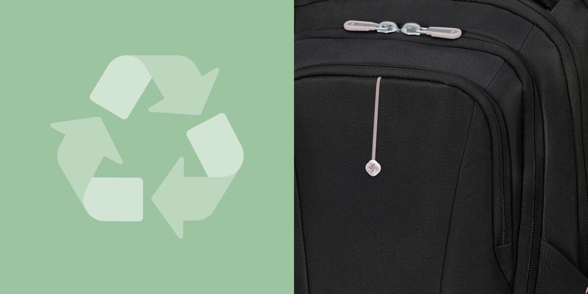 Plecak na laptopa SAMSONITE Guardit Classy 2.0 14.1 cali Czarny Zbliżenie na detale wykończenia i zamki plecaka obok grafiki symbolu recyklingu, oznaczającego ekologiczne materiały.
