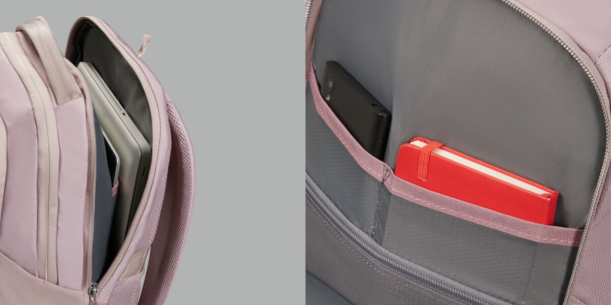Plecak na laptopa SAMSONITE Guardit Classy 2.0 14.1 cali Stone Grey Szaro-różowy Wnętrze plecaka z widoczną przegrodą na laptopa oraz przedni organizer z kieszonkami na telefon i czerwony notatnik.