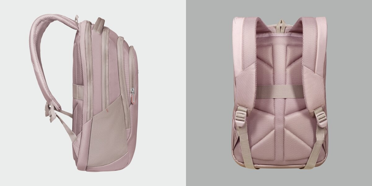 Plecak na laptopa SAMSONITE Guardit Classy 2.0 14.1 cali Stone Grey Szaro-różowy Profil plecaka oraz widok na tył z ergonomicznym systemem nośnym z siatki i pasem mocującym Smart Sleeve.