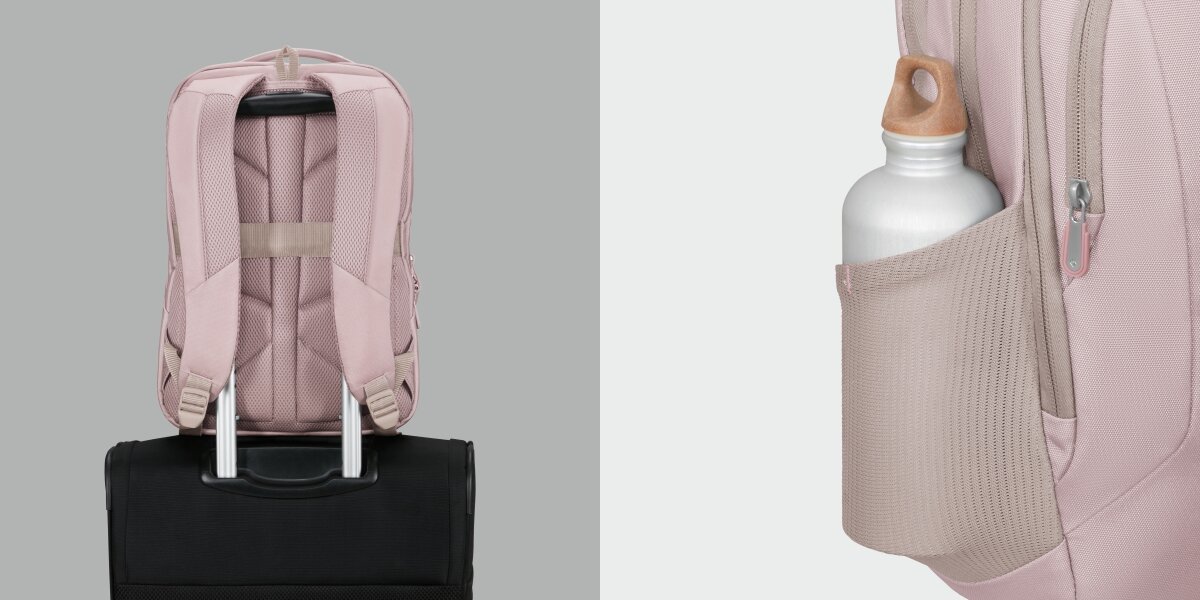 Plecak na laptopa SAMSONITE Guardit Classy 2.0 14.1 cali Stone Grey Szaro-różowy Plecak na laptopa nałożony na rączkę czarnej walizki oraz zbliżenie na boczną kieszeń z siatki z butelką na wodę.