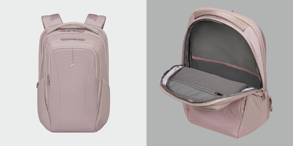 Plecak na laptopa SAMSONITE Guardit Classy 2.0 14.1 cali Stone Grey Szaro-różowy Widok z przodu zamkniętego plecaka oraz prezentacja otwartej komory głównej z dodatkową kieszenią na dokumenty.