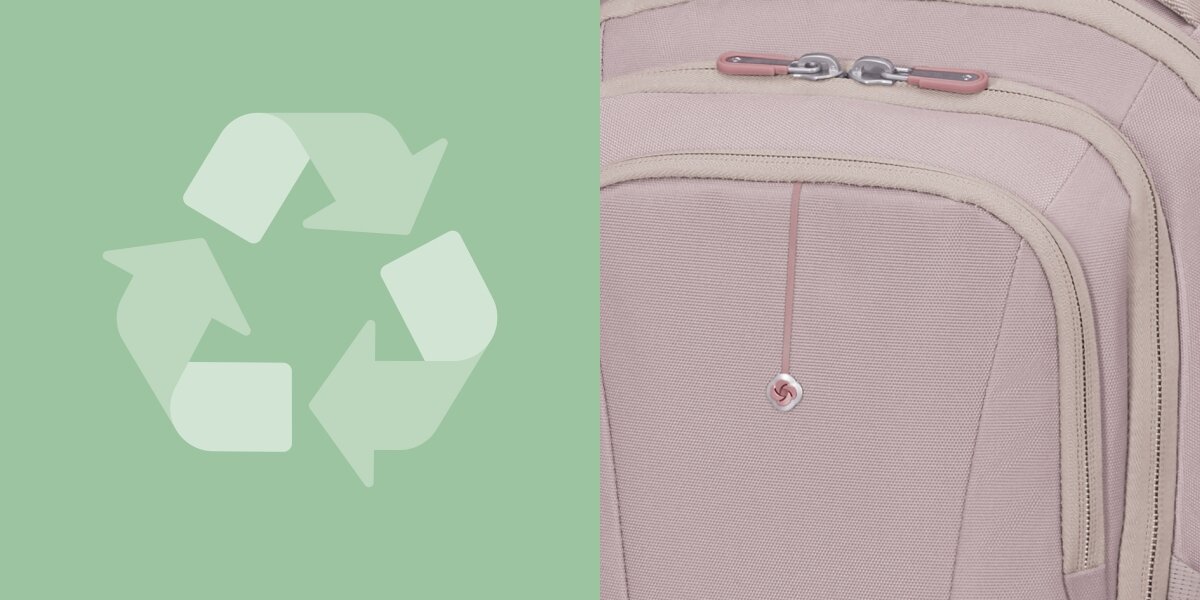 Plecak na laptopa SAMSONITE Guardit Classy 2.0 14.1 cali Stone Grey Szaro-różowy Zbliżenie na detale wykończenia i zamki plecaka obok grafiki symbolu recyklingu, oznaczającego ekologiczne materiały.
