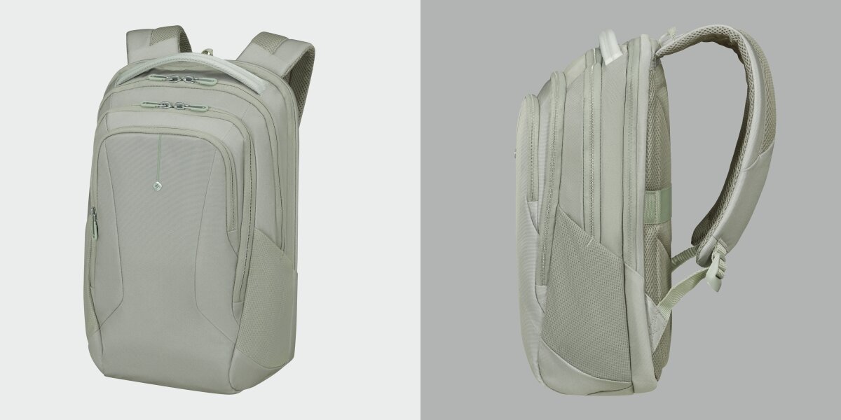 Plecak na laptopa SAMSONITE Guardit Classy 2.0 14.1 cali Szałwiowy Zestawienie widoku z przodu oraz z boku  plecaka biznesowego, prezentujące jego smukłą bryłę i wyprofilowane pasy naramienne.jpg