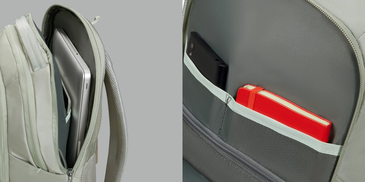 Plecak na laptopa SAMSONITE Guardit Classy 2.0 14.1 cali Szałwiowy Wnętrze plecaka z widoczną przegrodą na laptopa oraz przedni organizer z kieszonkami na telefon i czerwony notatnik.