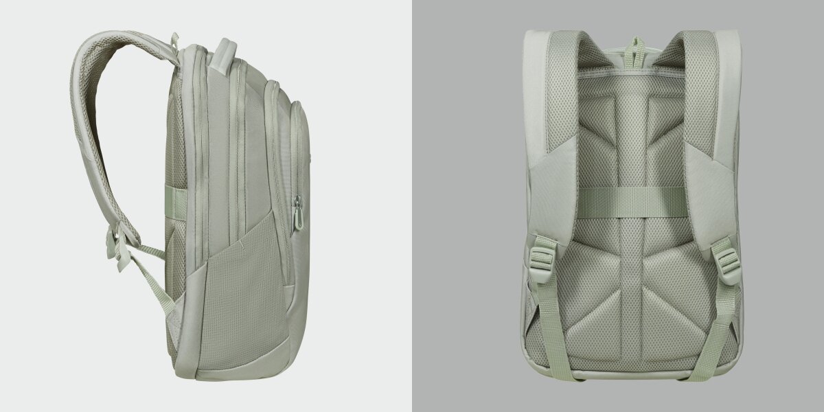 Plecak na laptopa SAMSONITE Guardit Classy 2.0 14.1 cali Szałwiowy Profil plecaka oraz widok na tył z ergonomicznym systemem nośnym z siatki i pasem mocującym Smart Sleeve.