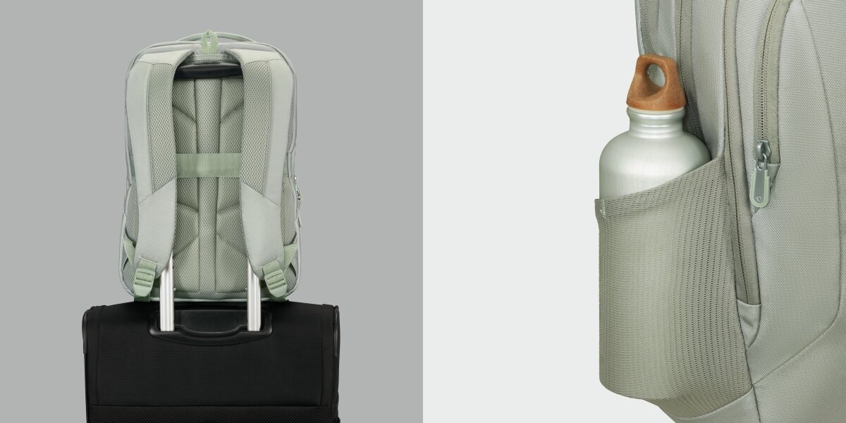 Plecak na laptopa SAMSONITE Guardit Classy 2.0 14.1 cali Szałwiowy Plecak na laptopa nałożony na rączkę czarnej walizki oraz zbliżenie na boczną kieszeń z siatki z butelką na wodę.