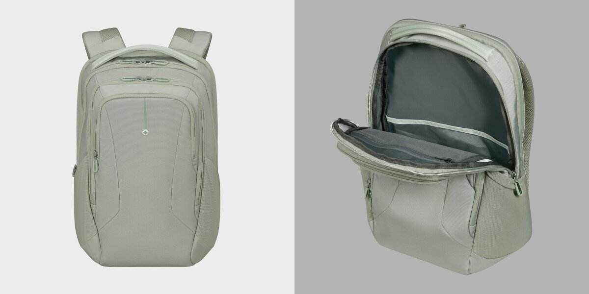 Plecak na laptopa SAMSONITE Guardit Classy 2.0 14.1 cali Szałwiowy Widok z przodu zamkniętego plecaka oraz prezentacja otwartej komory głównej z dodatkową kieszenią na dokumenty.