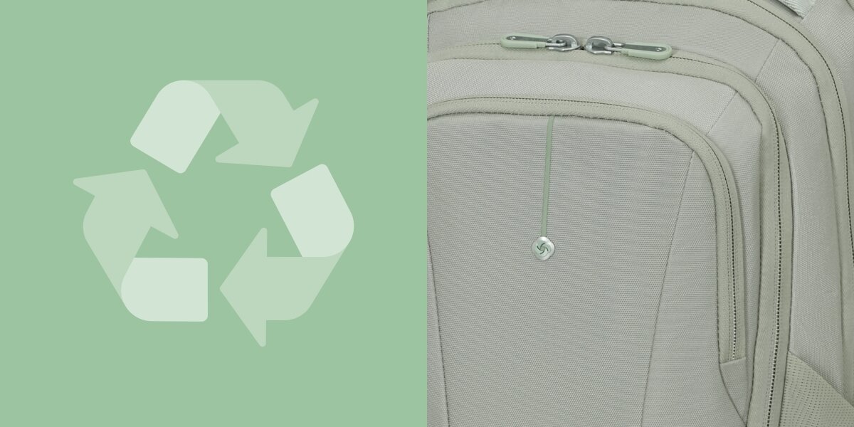 Plecak na laptopa SAMSONITE Guardit Classy 2.0 14.1 cali Szałwiowy Zbliżenie na detale wykończenia i zamki plecaka obok grafiki symbolu recyklingu, oznaczającego ekologiczne materiały.