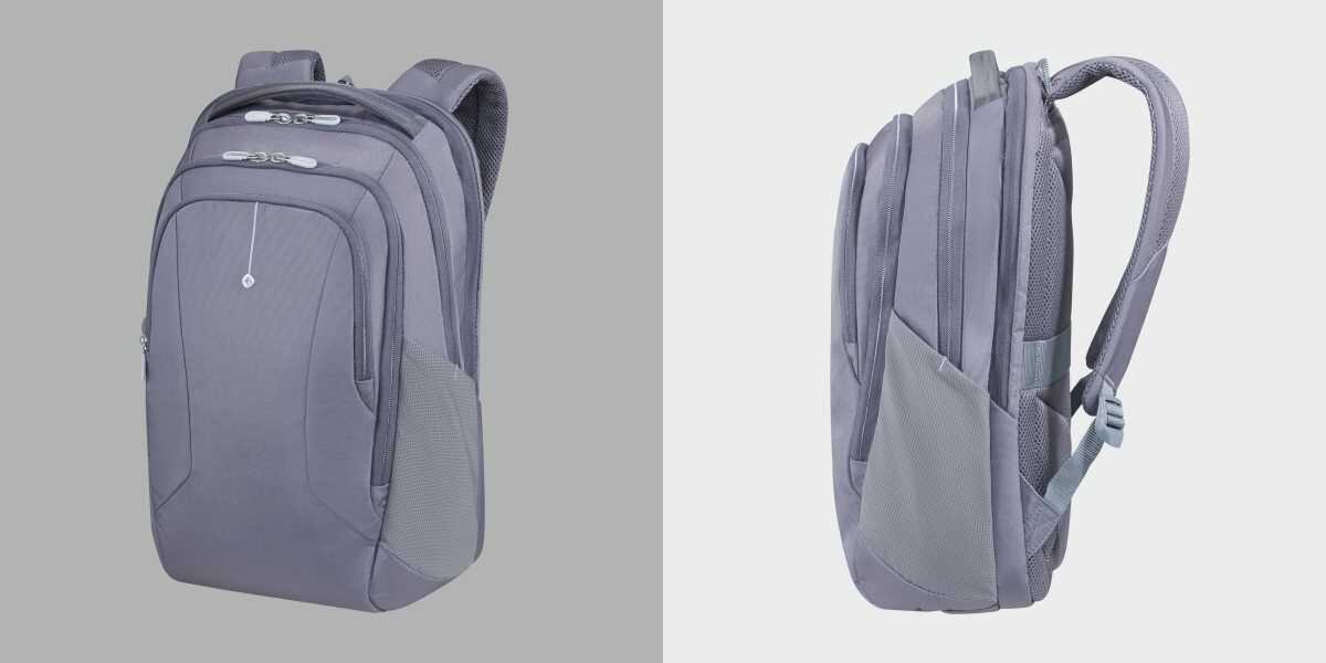 Plecak na laptopa SAMSONITE Guardit Classy 2.0 15.6 cali Niebieski Plecak biznesowy na laptopa widziany z przodu oraz z boku prezentujący profil i regulowane szelki.