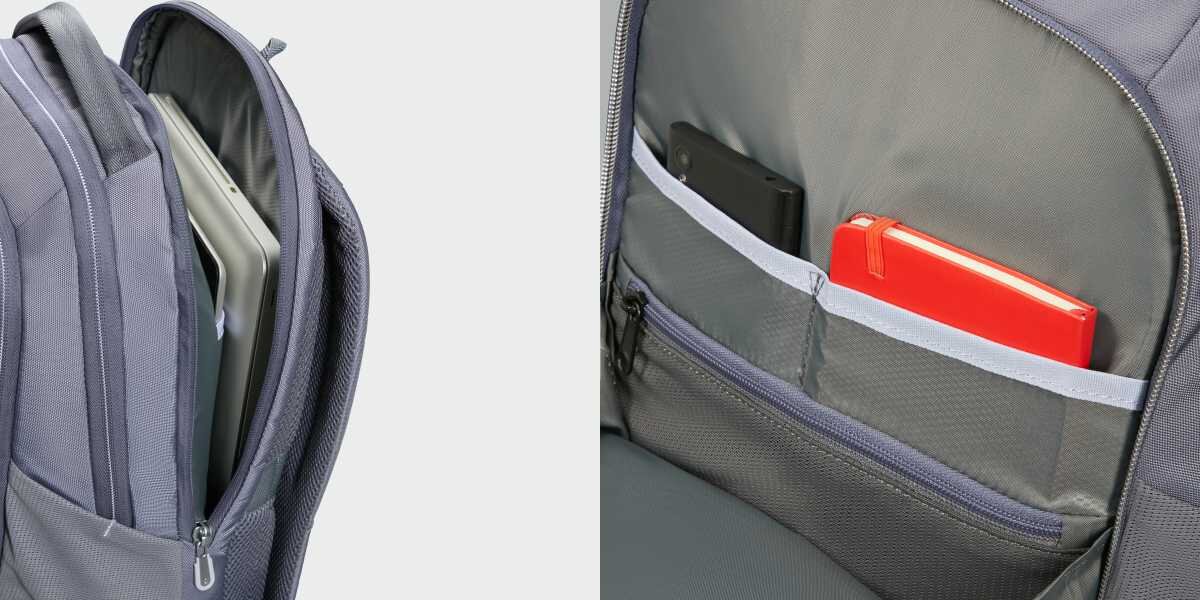 Plecak na laptopa SAMSONITE Guardit Classy 2.0 15.6 cali Niebieski Wnętrze plecaka z otwartą przegrodą na laptopa oraz kieszenią organizera z telefonem i czerwonym notesem.