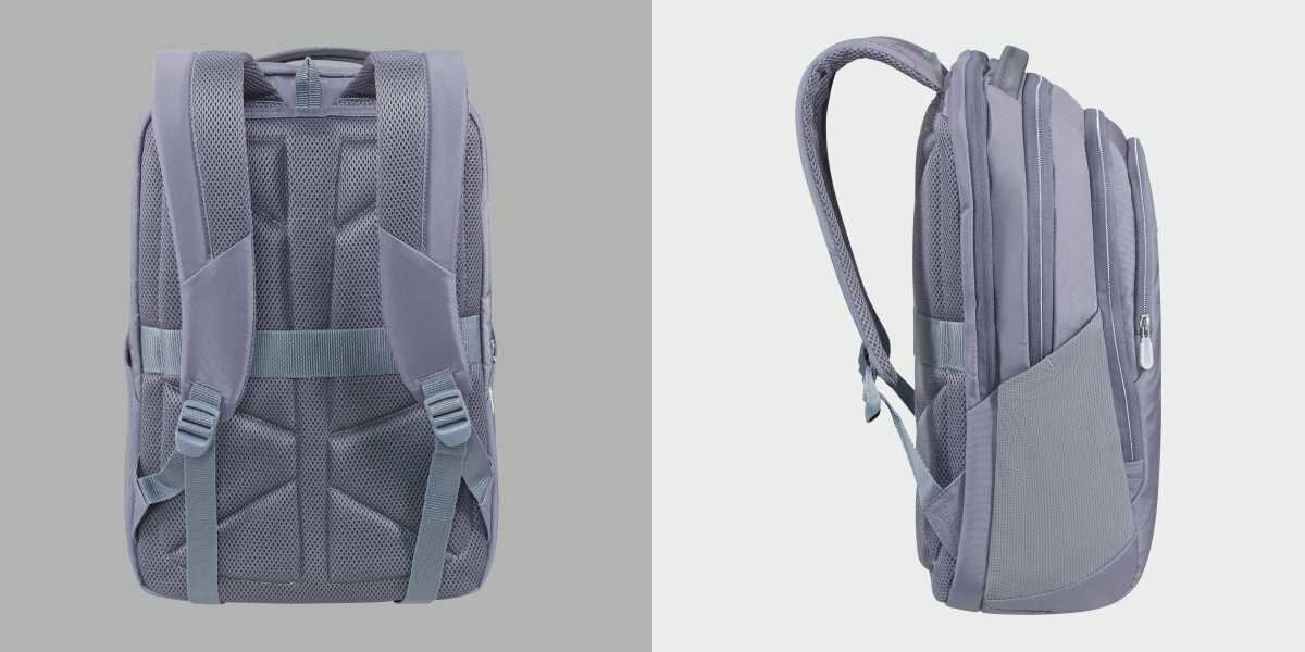 Plecak na laptopa SAMSONITE Guardit Classy 2.0 15.6 cali Niebieski Tył plecaka z ergonomicznym systemem nośnym z siatki mesh oraz profil boczny z widocznymi warstwami komór.