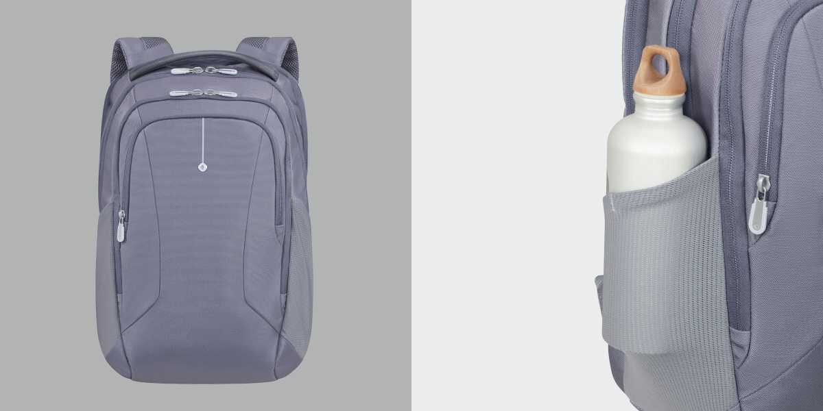 Plecak na laptopa SAMSONITE Guardit Classy 2.0 15.6 cali Niebieski Plecak miejski widok z przodu oraz zbliżenie na elastyczną boczną kieszeń z umieszczoną wewnątrz białą butelką na wodę.
