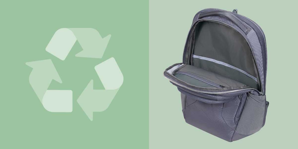 Plecak na laptopa SAMSONITE Guardit Classy 2.0 15.6 cali Niebieski Widok z góry na otwartą komorę główną plecaka obok symbolu recyklingu sugerującego ekologiczne materiały.
