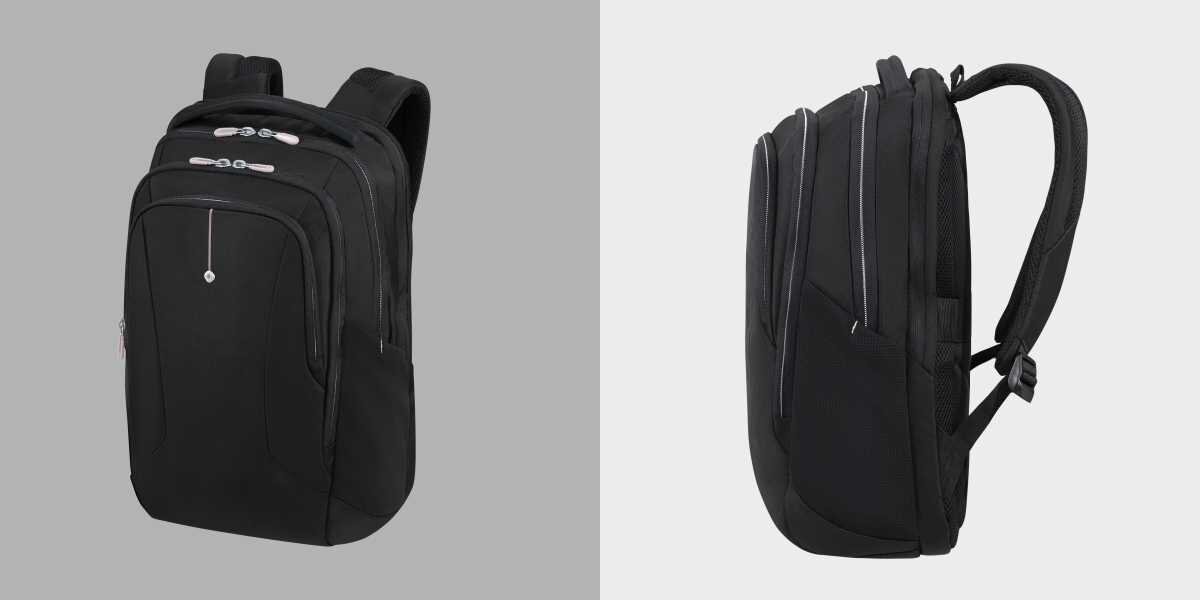 Plecak na laptopa SAMSONITE Guardit Classy 2.0 15.6 cali Czarny Czarny plecak na laptopa pokazany w rzucie trzy czwarte oraz z boku, podkreślający minimalistyczny design.