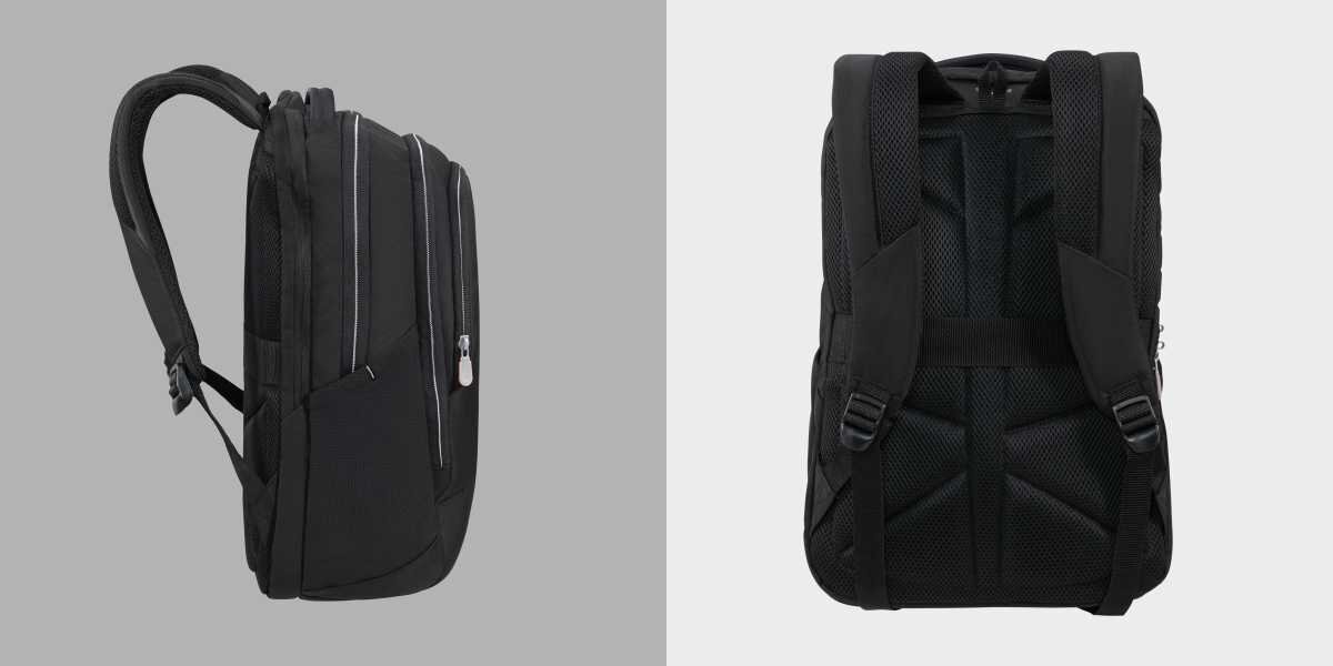 Plecak na laptopa SAMSONITE Guardit Classy 2.0 15.6 cali Czarny rofil czarnego plecaka oraz widok na ergonomiczne plecy z pasem Smart Sleeve do transportu na walizce.