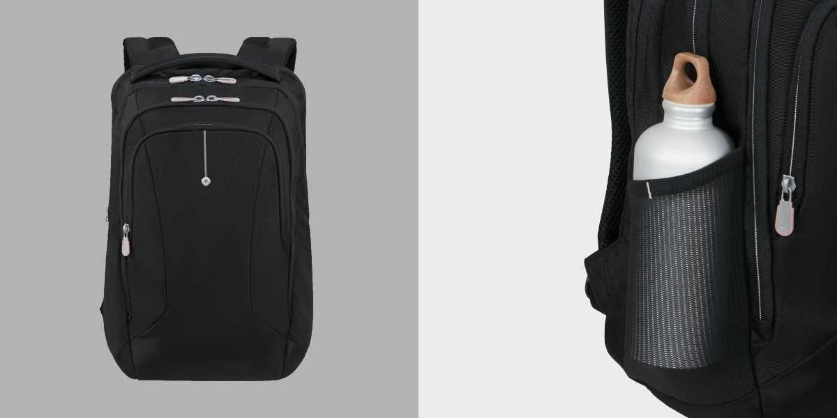 Plecak na laptopa SAMSONITE Guardit Classy 2.0 15.6 cali Czarny Front czarnego plecaka oraz detal bocznej kieszeni z siatki z włożoną butelką wielorazową.